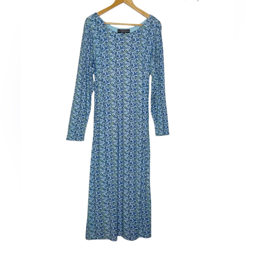 J Peterman Secret Keeper Blue Floral Midi Dress Size XL Side Ruching Long Sheath
